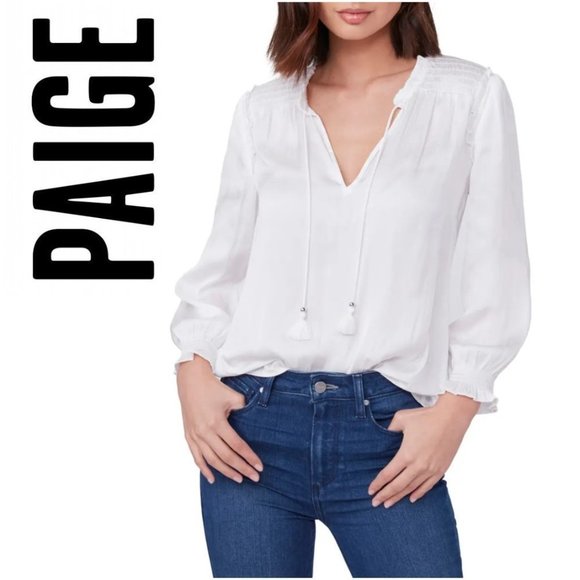 🆕️ PAIGE Kaylynn Peasant Top, Size Medium in White - Picture 1 of 9
